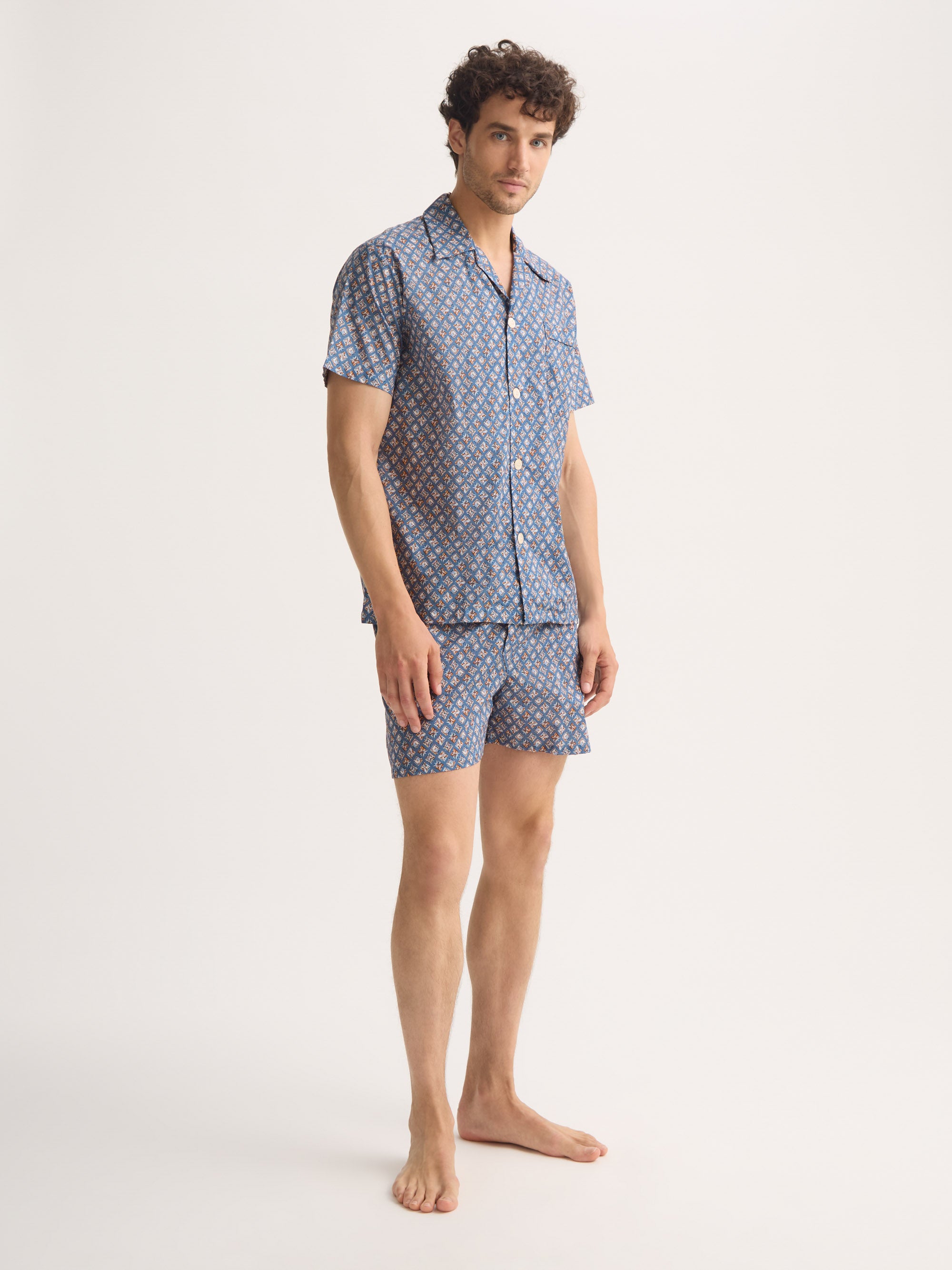 Men's Short Pyjamas Cotton Batiste Blue Multicolour Diamond Print