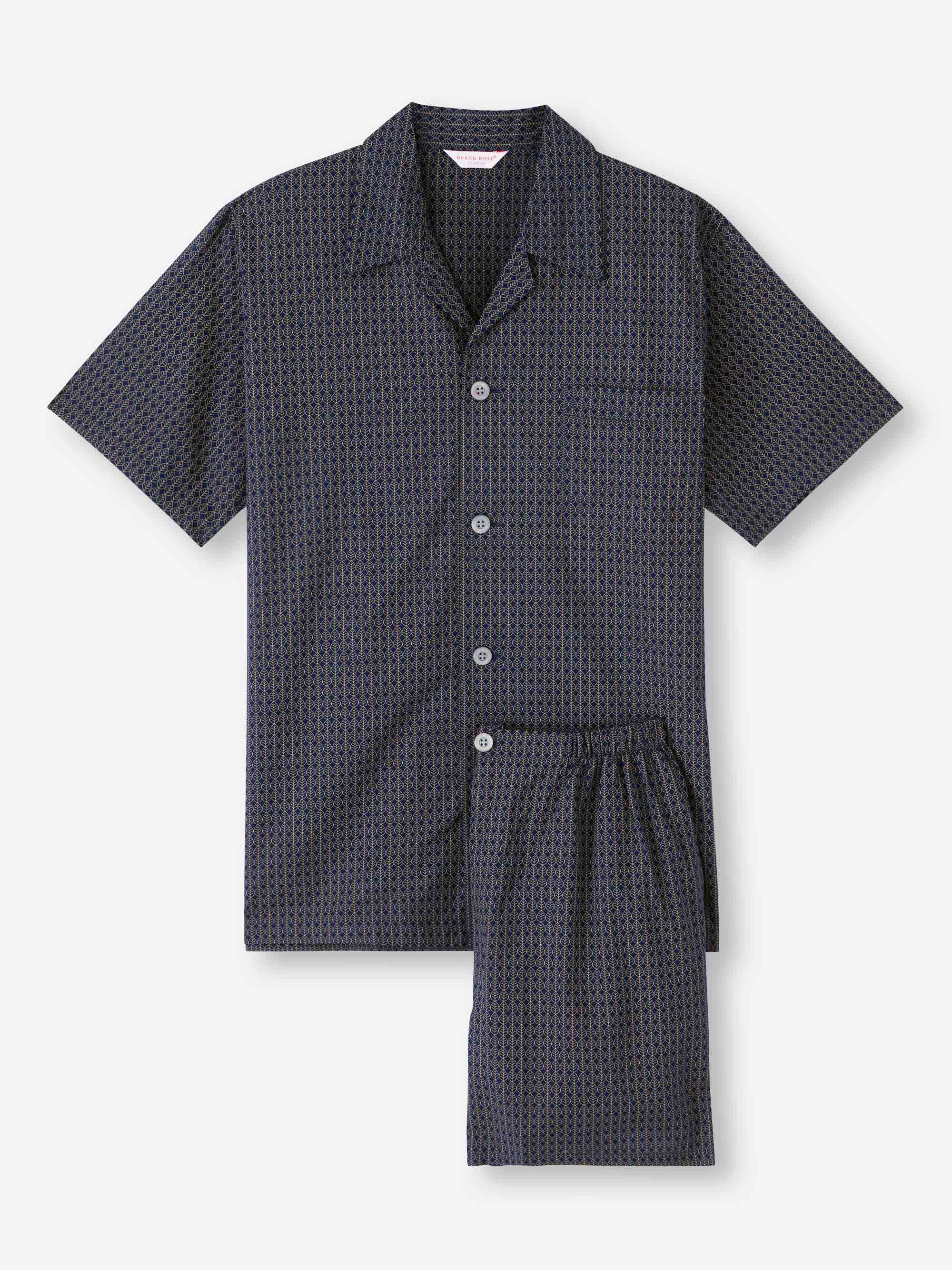 Men's Short Pyjamas Cotton Batiste Navy Jungle Leaf Print