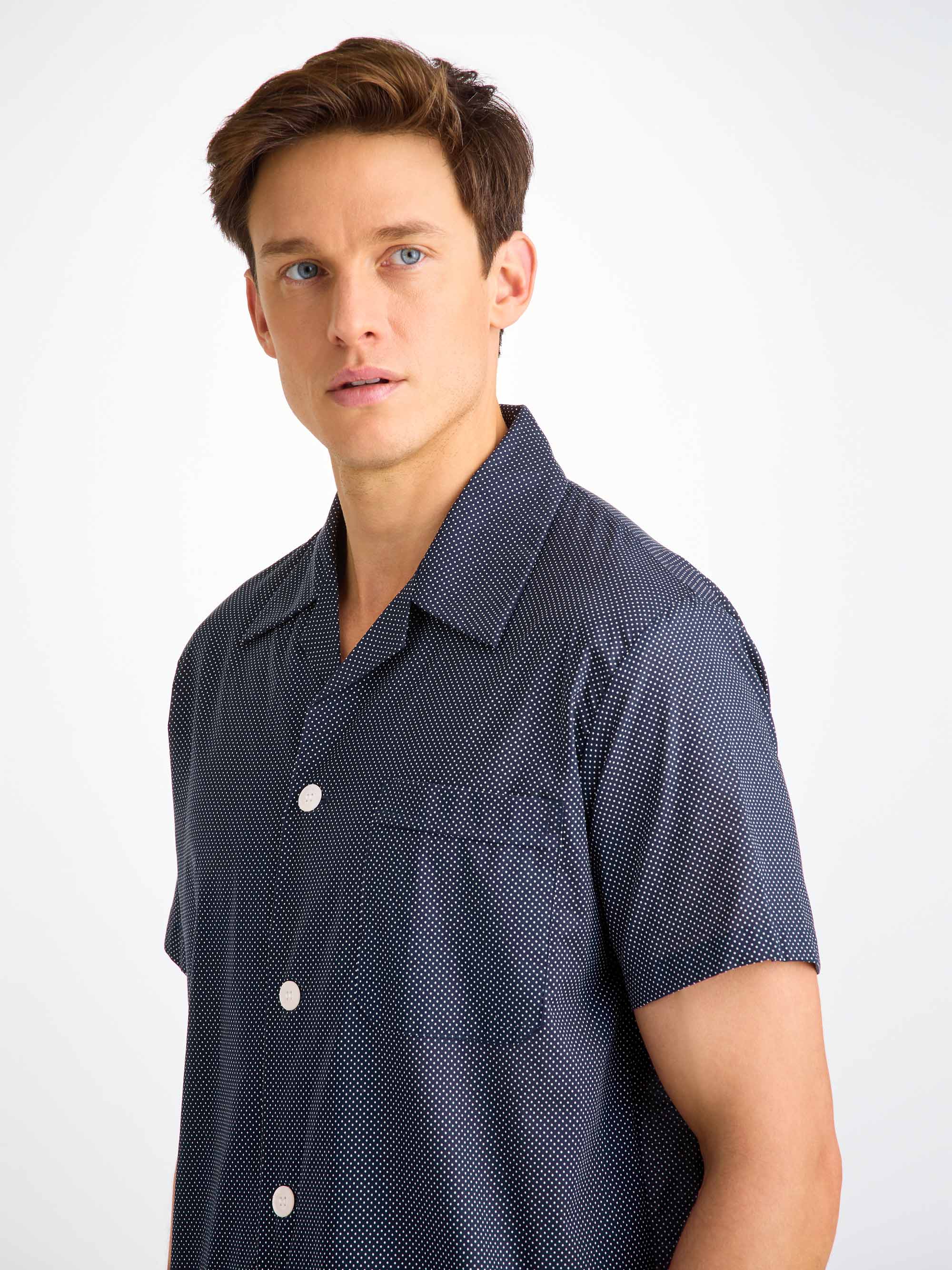 Men's Short Pyjamas Cotton Batiste Navy Pin Dot Print