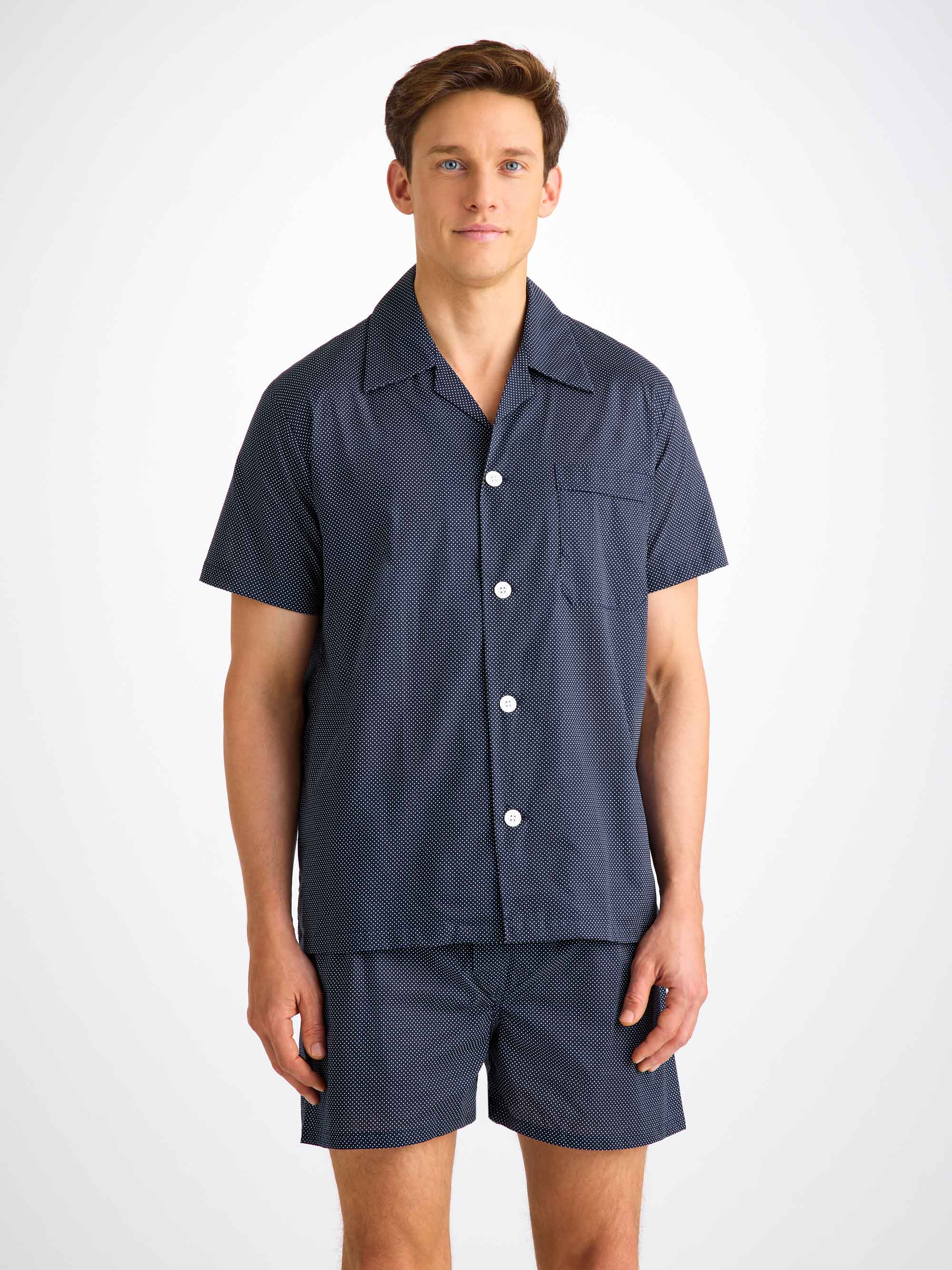 Men's Short Pyjamas Cotton Batiste Navy Pin Dot Print