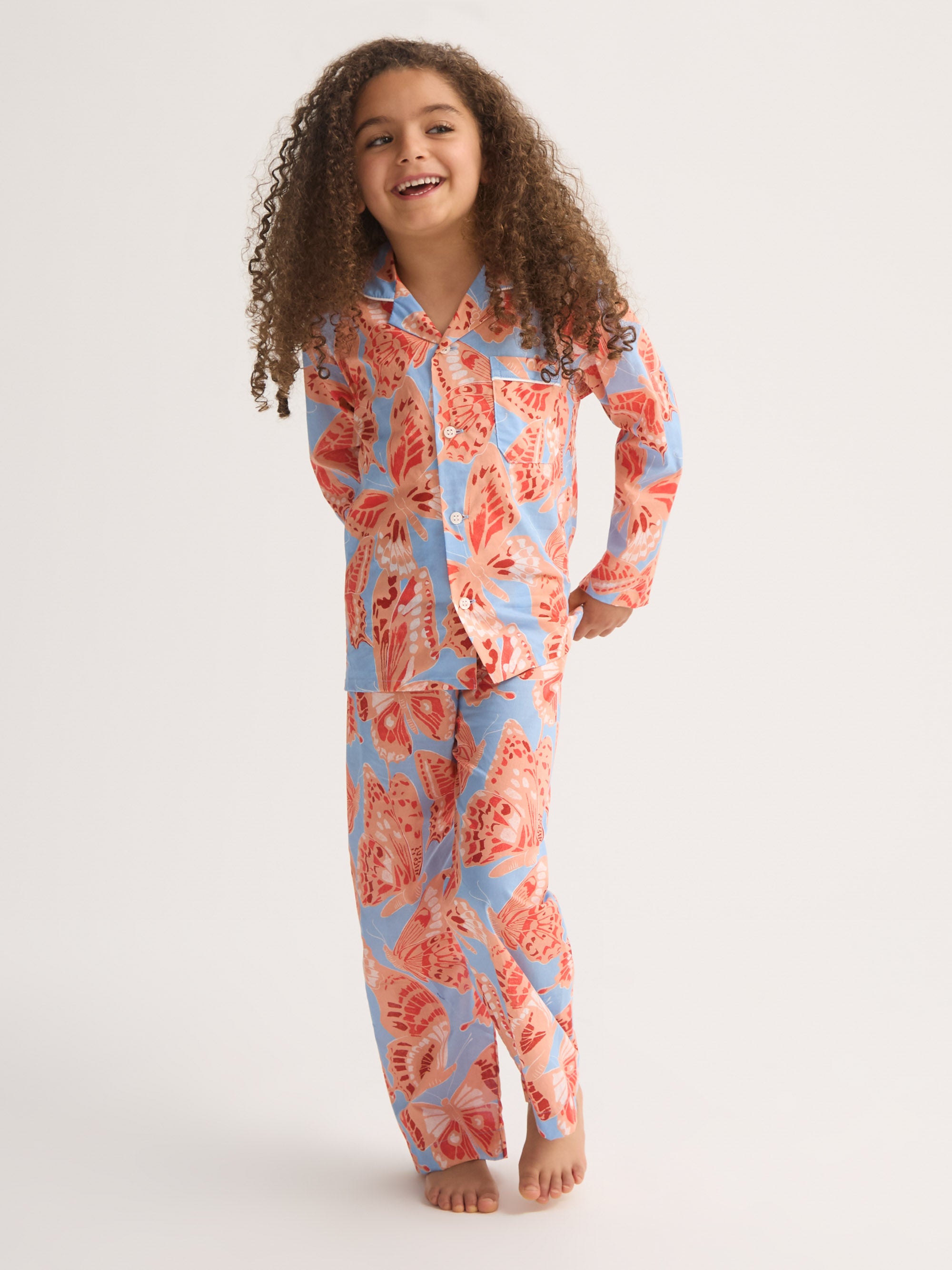 Kids' Pyjamas Cotton Batiste Light Blue & Peach Butterfly Print
