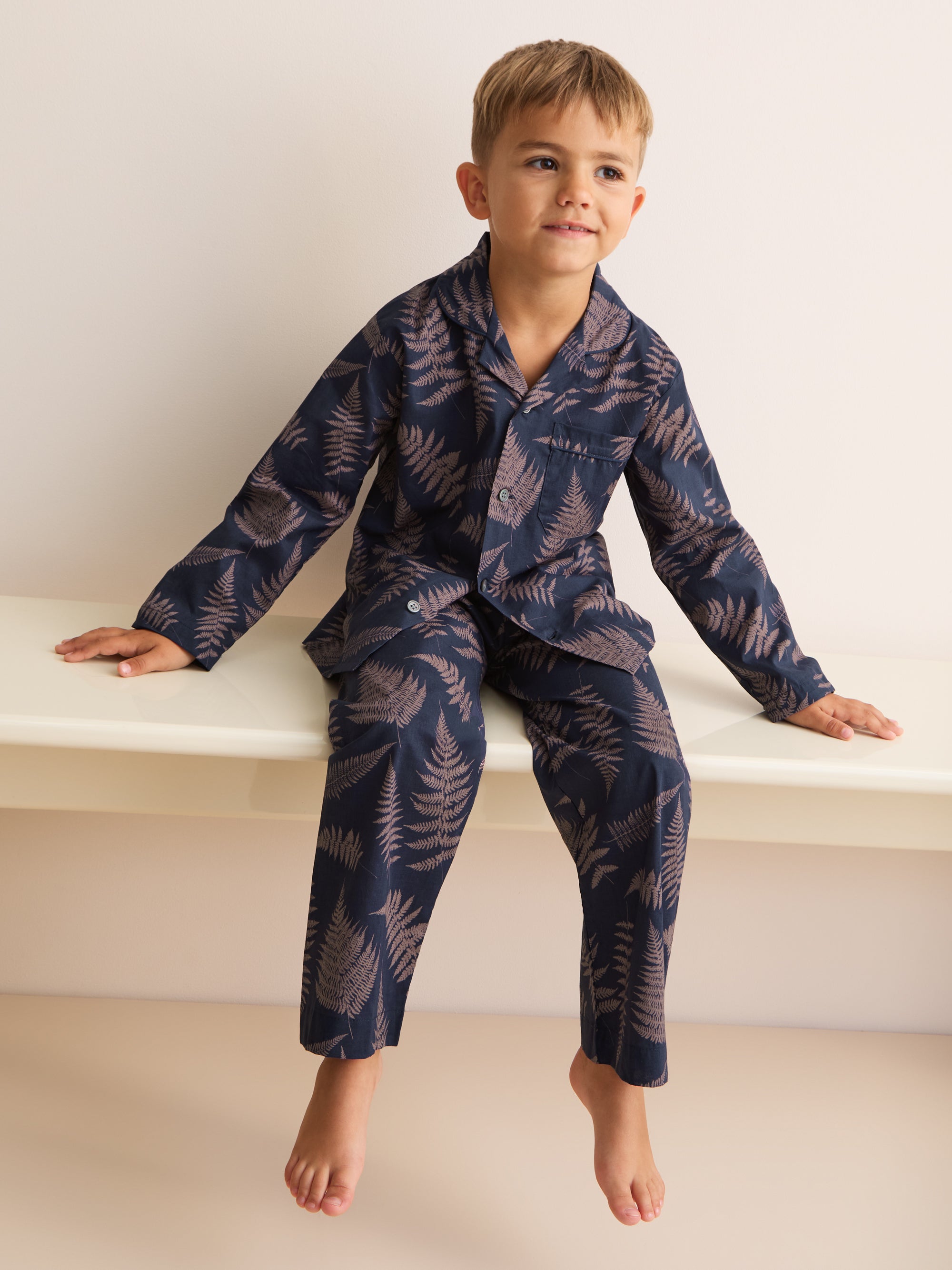 Ledbury Cotton Batiste Pyjamas Navy & Pink Fern