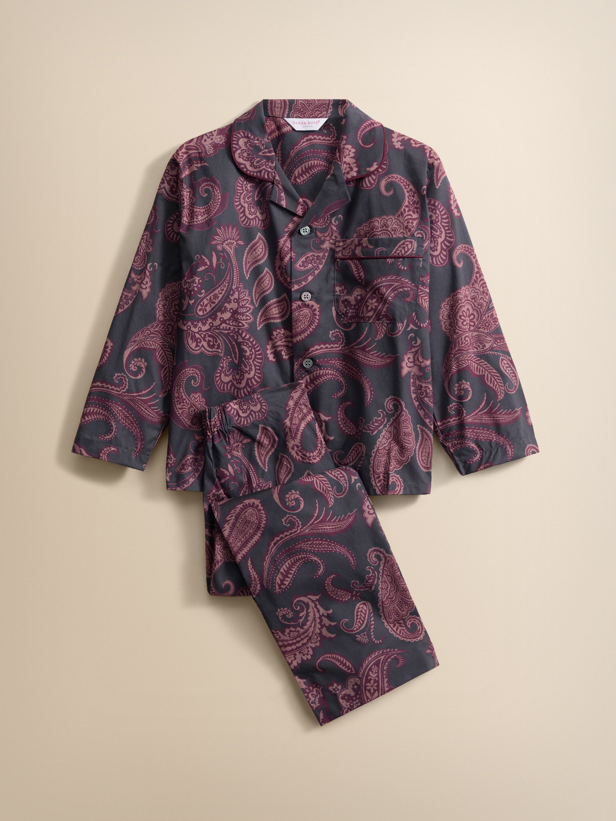Ledbury Cotton Batiste Pyjamas Night Grey & Wine Paisley