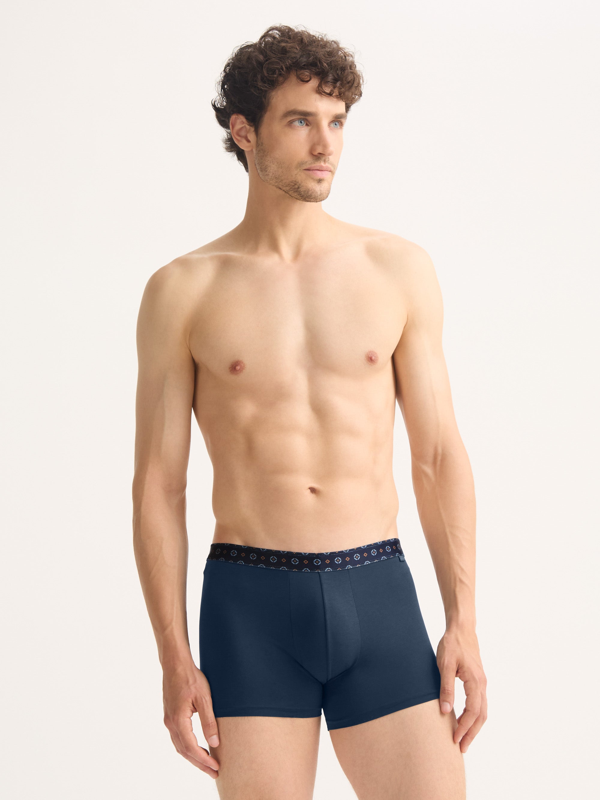 Men's Boxer Briefs Pima Cotton Stretch Navy Blue with Rose Motif Band