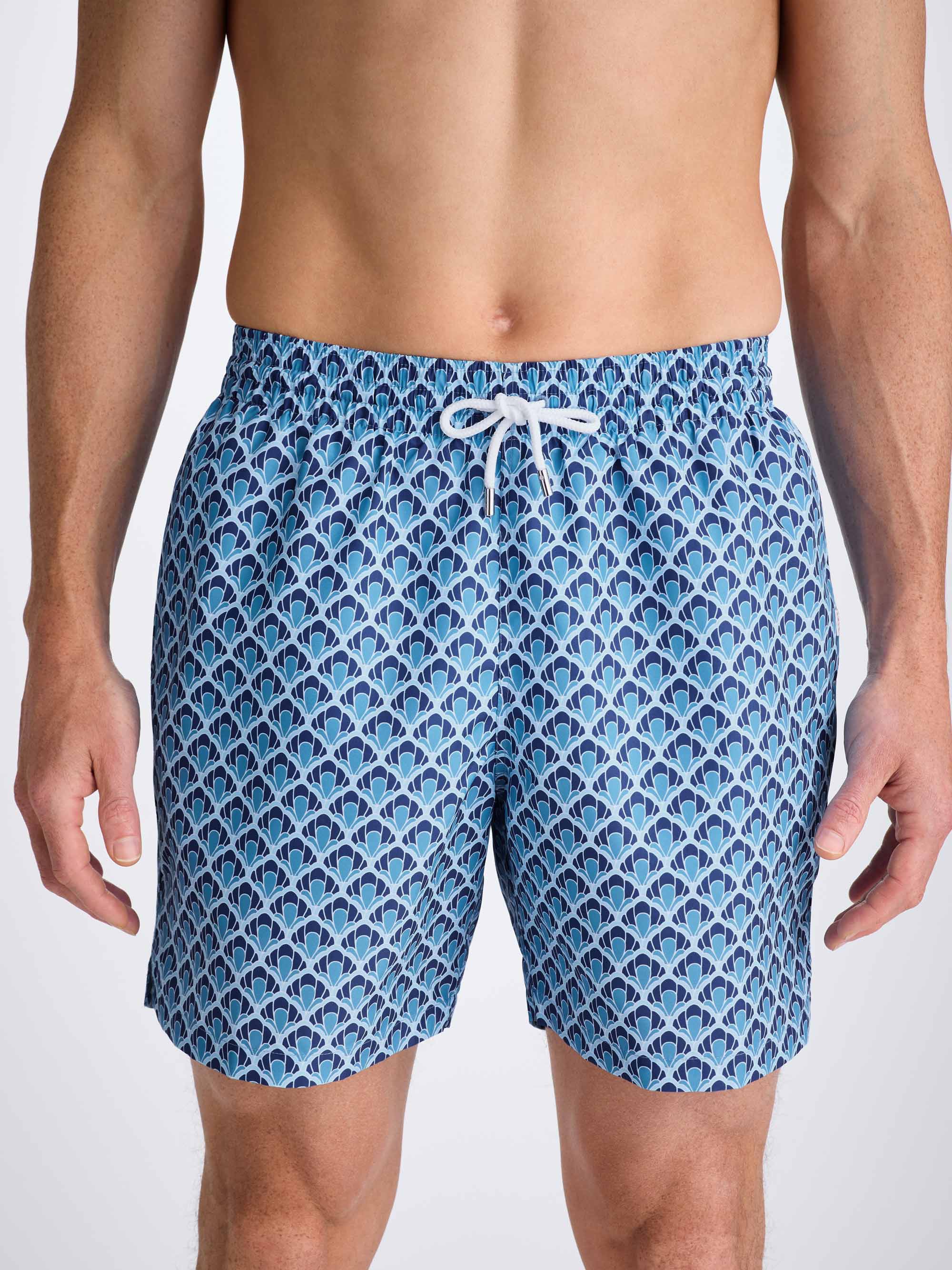 Men's Swim Shorts Mid Blue Scalloped Leaf Print