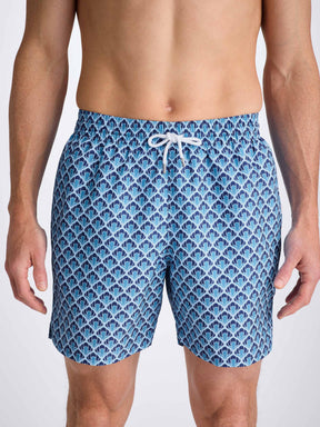 Men's Swim Shorts Mid Blue Scalloped Leaf Print
