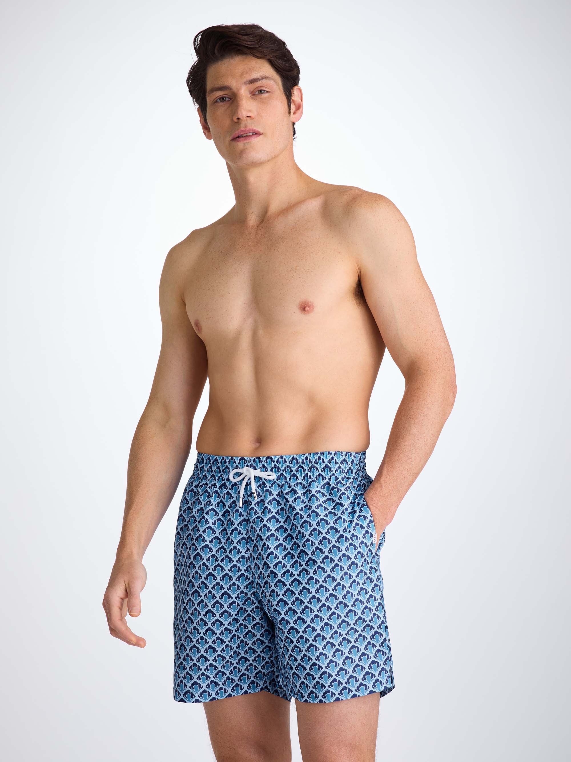 Men's Swim Shorts Mid Blue Scalloped Leaf Print