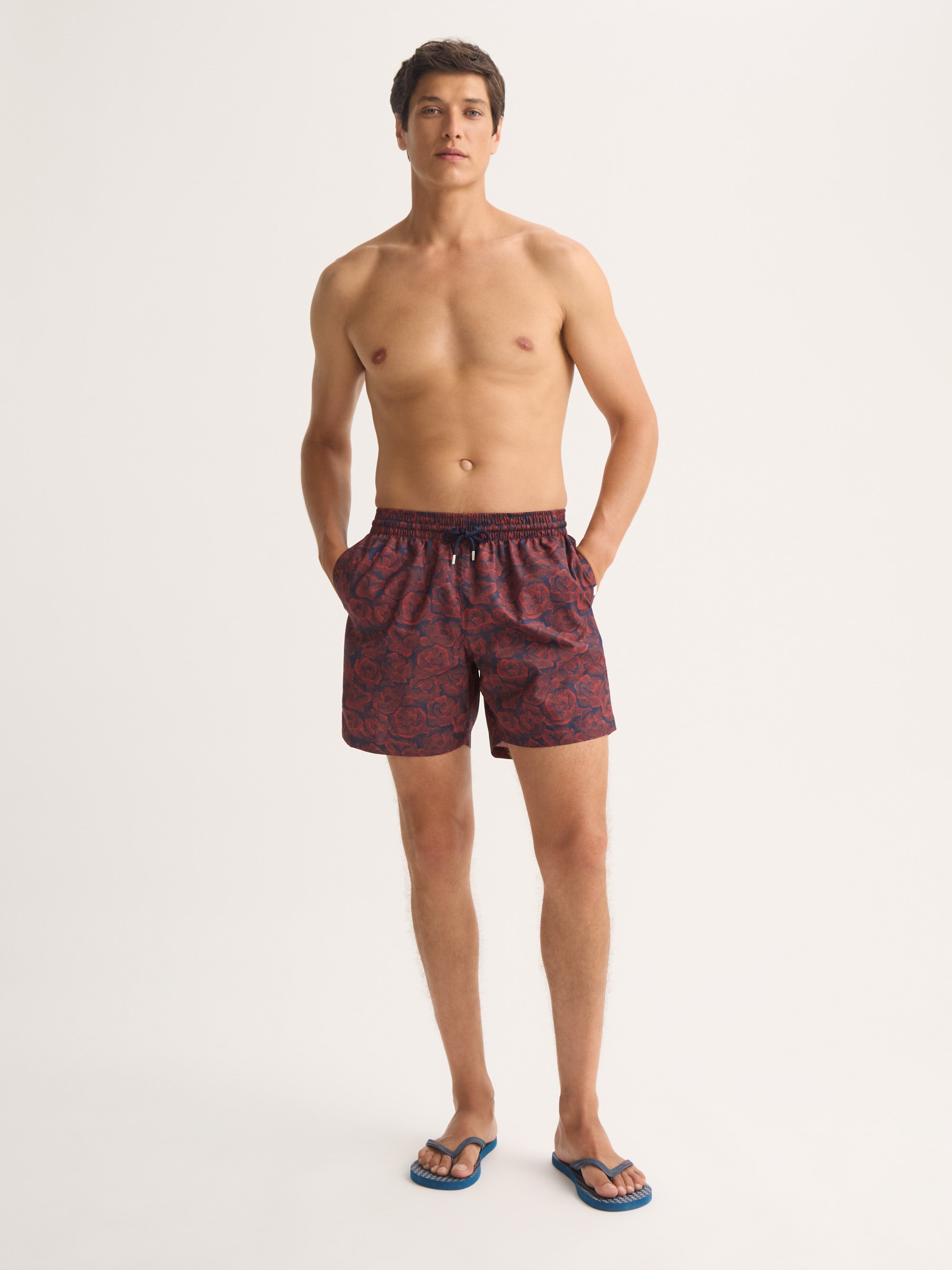Men's Swim Trunks Maui Navy Blue & Red Rose Print
