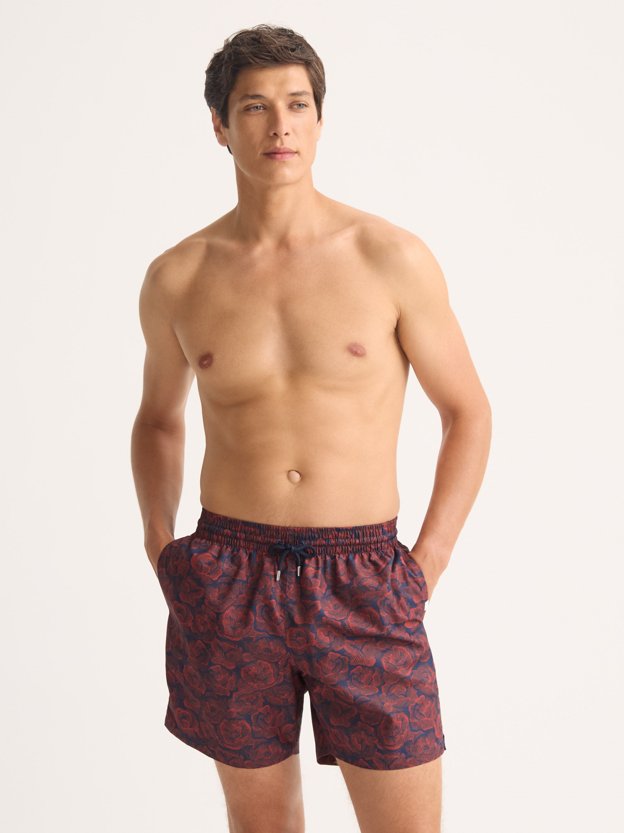 Men's Swim Trunks Maui Navy Blue & Red Rose Print