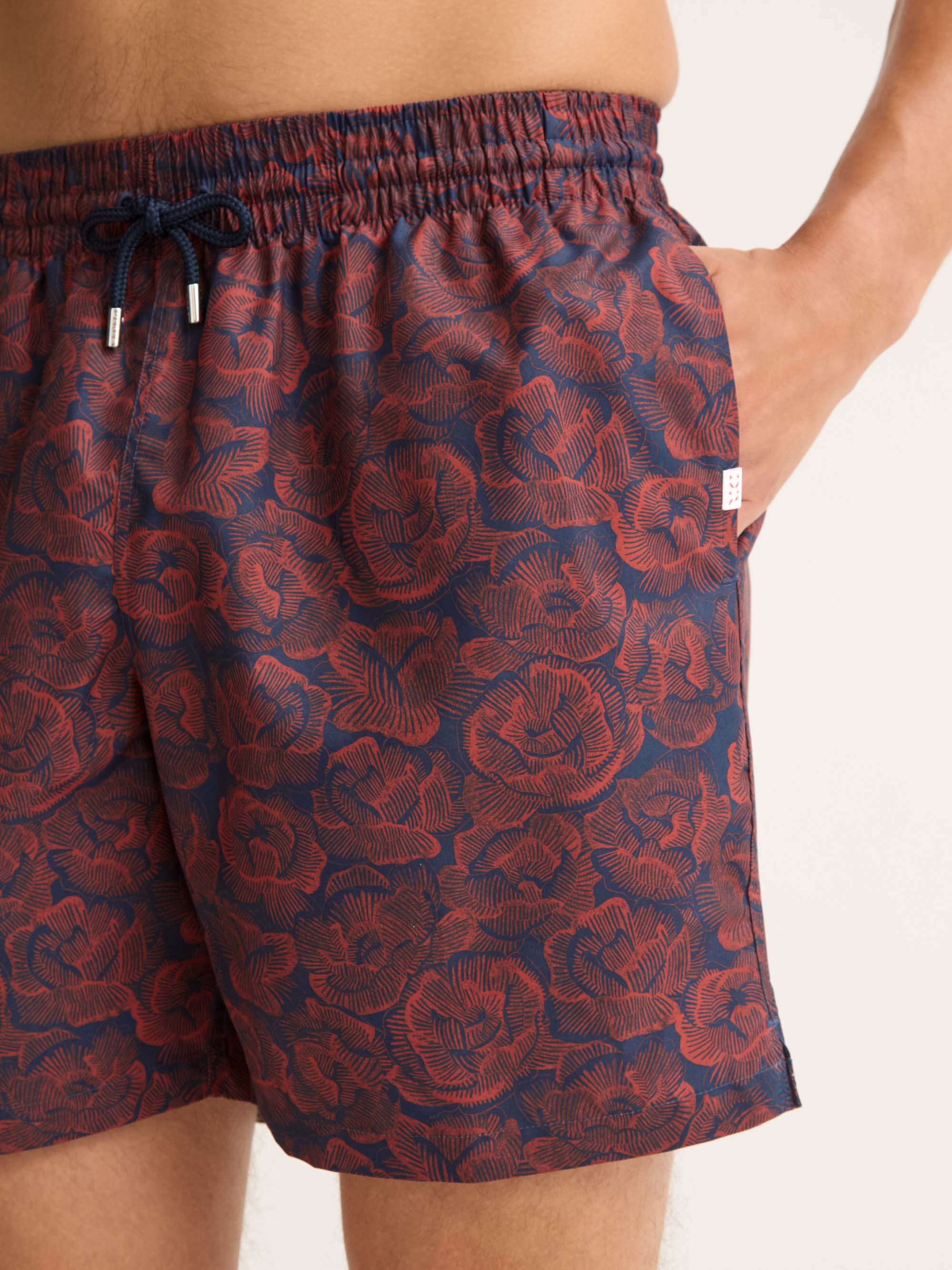 Men's Swim Trunks Maui Navy Blue & Red Rose Print
