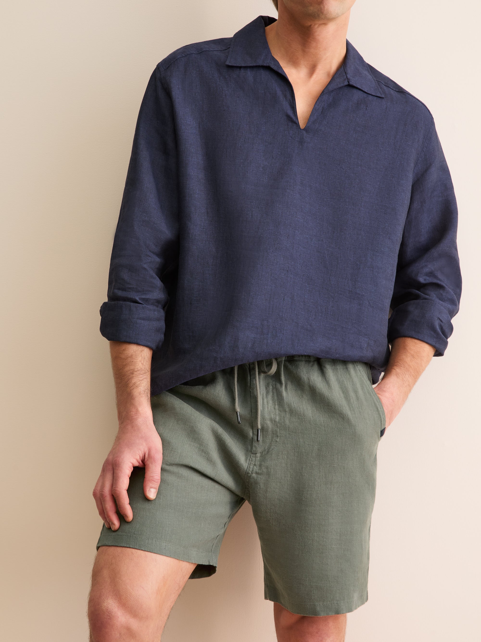 パンツ BE PREPARED 2tuck linen-washi shorts Men's Shorts Vienna Linen Khaki | Derek Rose