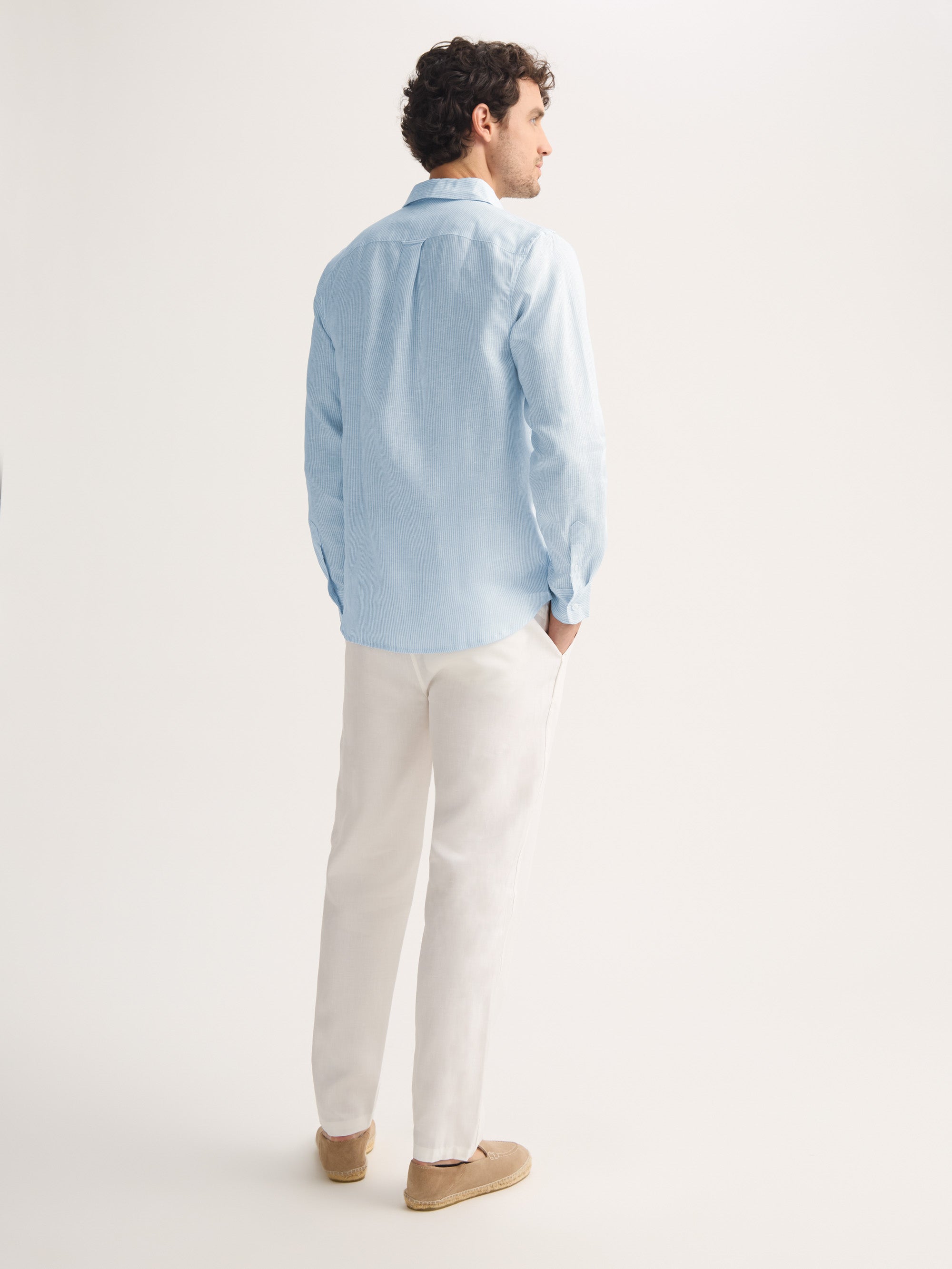 Men's Long Sleeve Shirt Malibu Woven Linen Light Blue and White Stripe