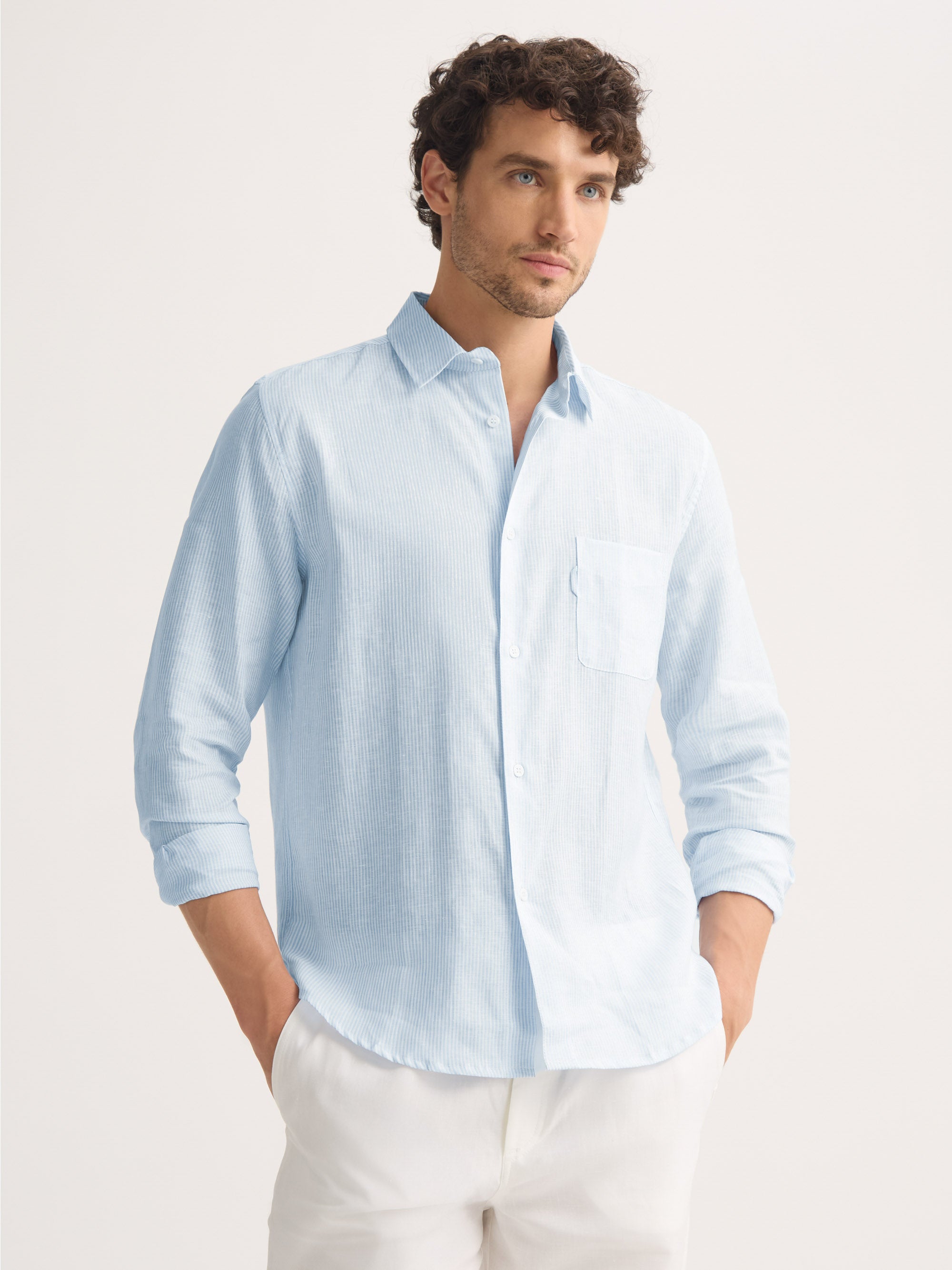 Men's Long Sleeve Shirt Malibu Woven Linen Light Blue and White Stripe