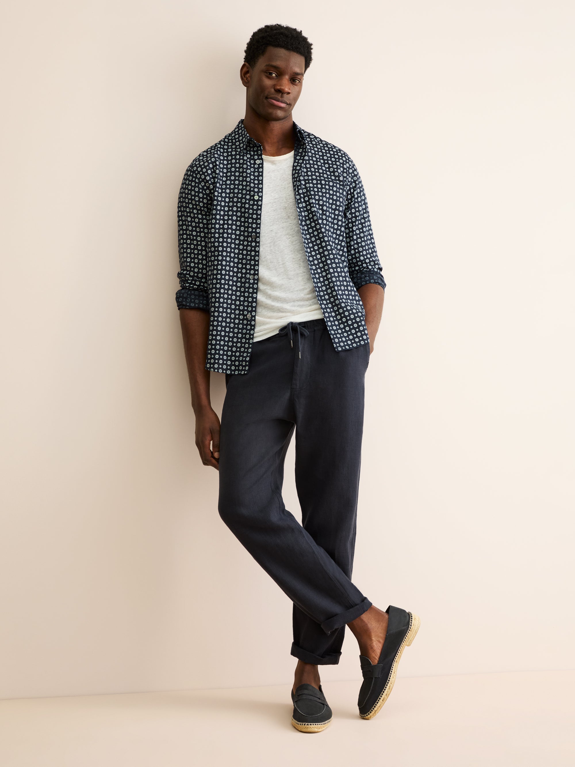 Men's Shirt Milan Linen Navy Blue & White Rose Motif