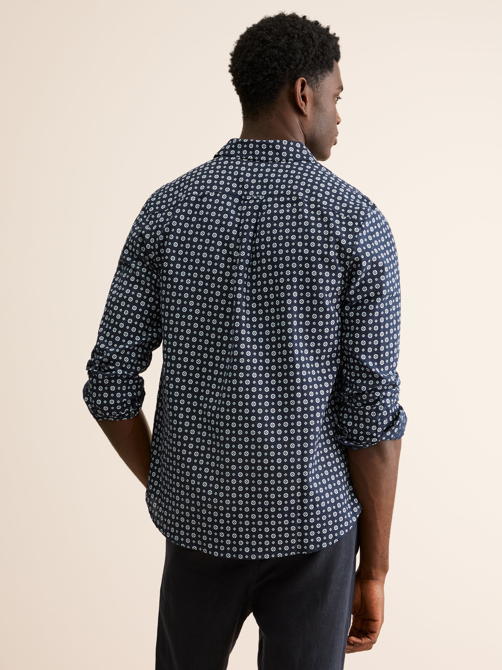 Men's Shirt Milan Linen Navy Blue & White Rose Motif