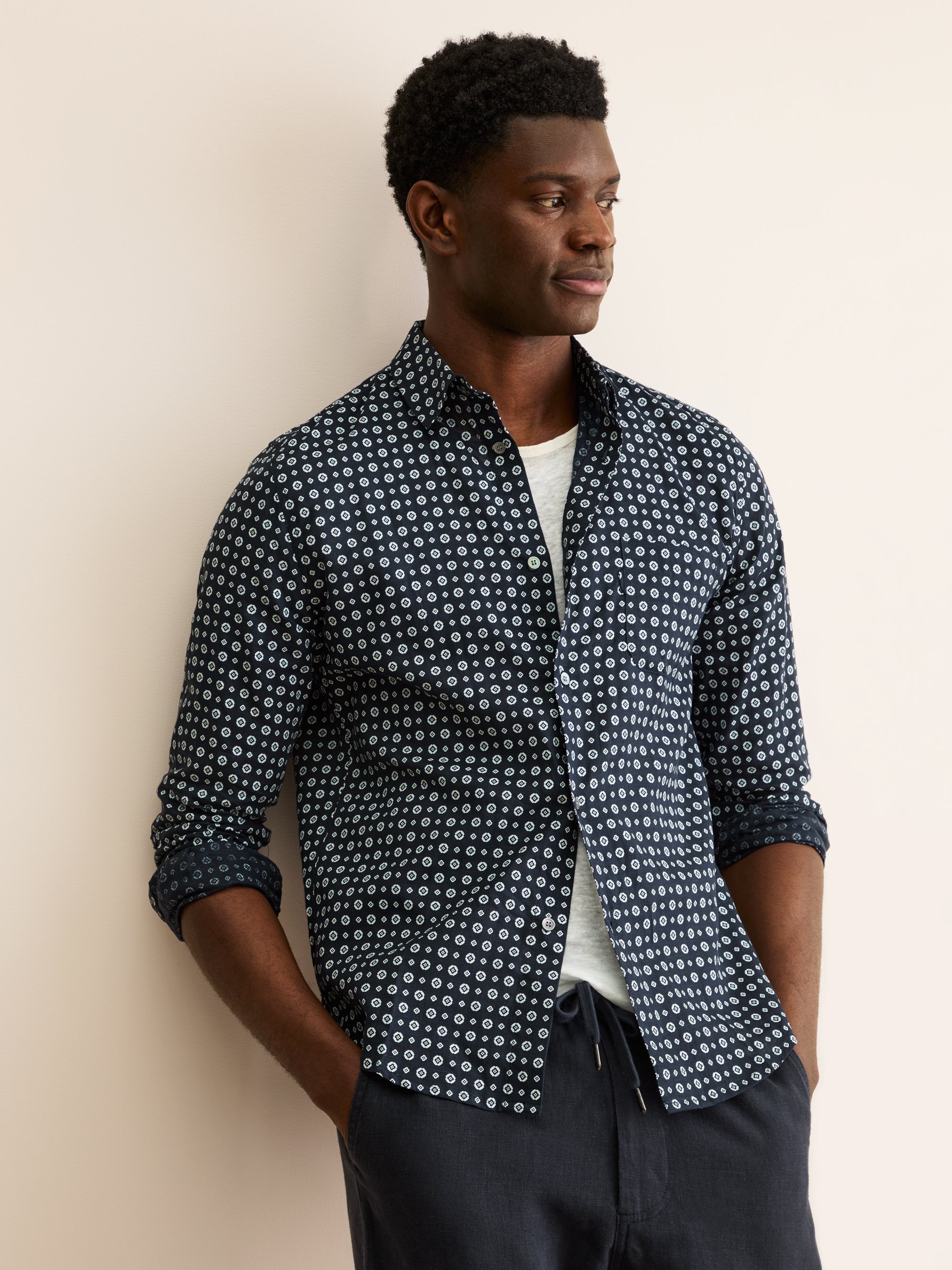 Men's Shirt Milan Linen Navy Blue & White Rose Motif