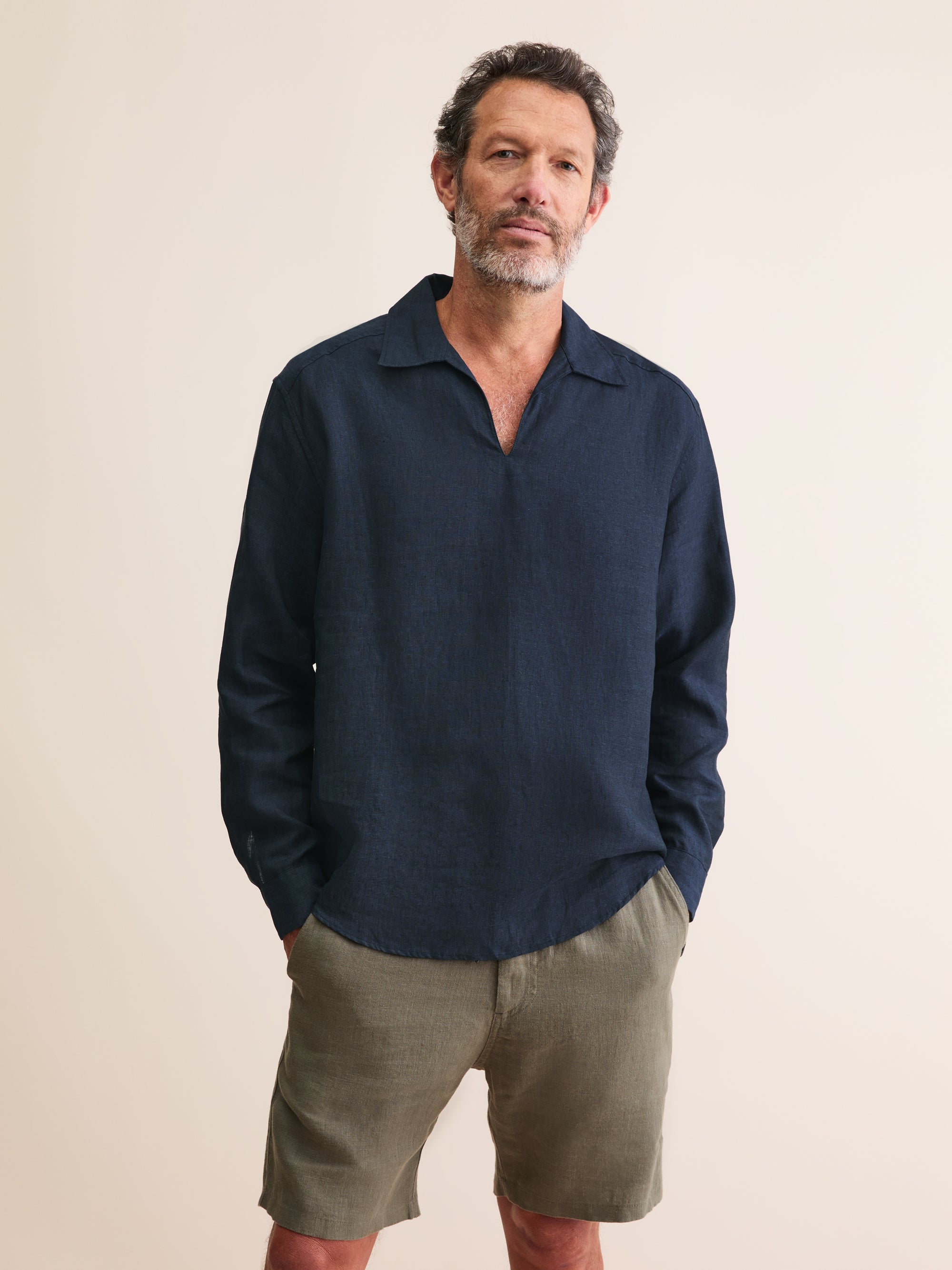 Men's Pullover Shirt Monaco Linen Navy Blue