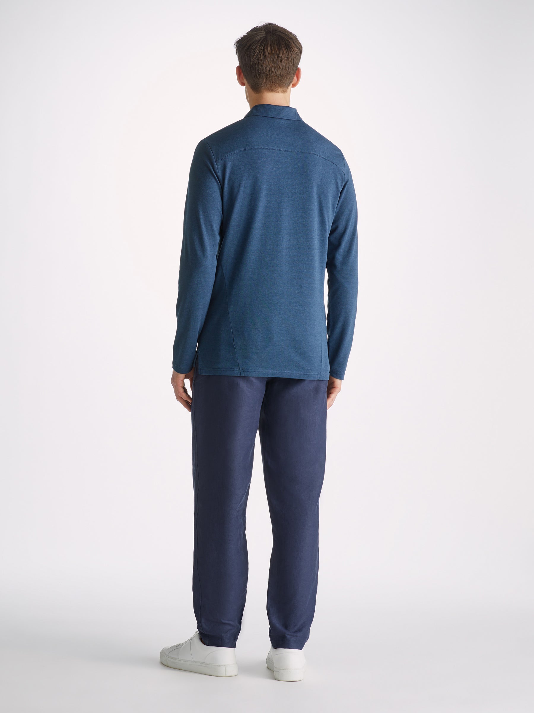 Men's Long Sleeve Polo Shirt Ramsay 2 Pique Cotton Tencel Denim