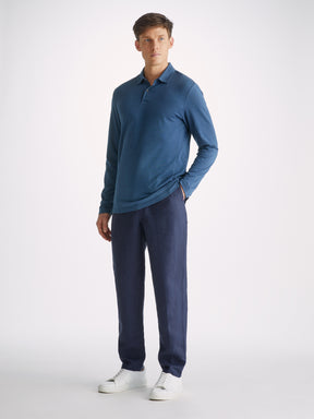 Men's Long Sleeve Polo Shirt Ramsay 2 Pique Cotton Tencel Denim