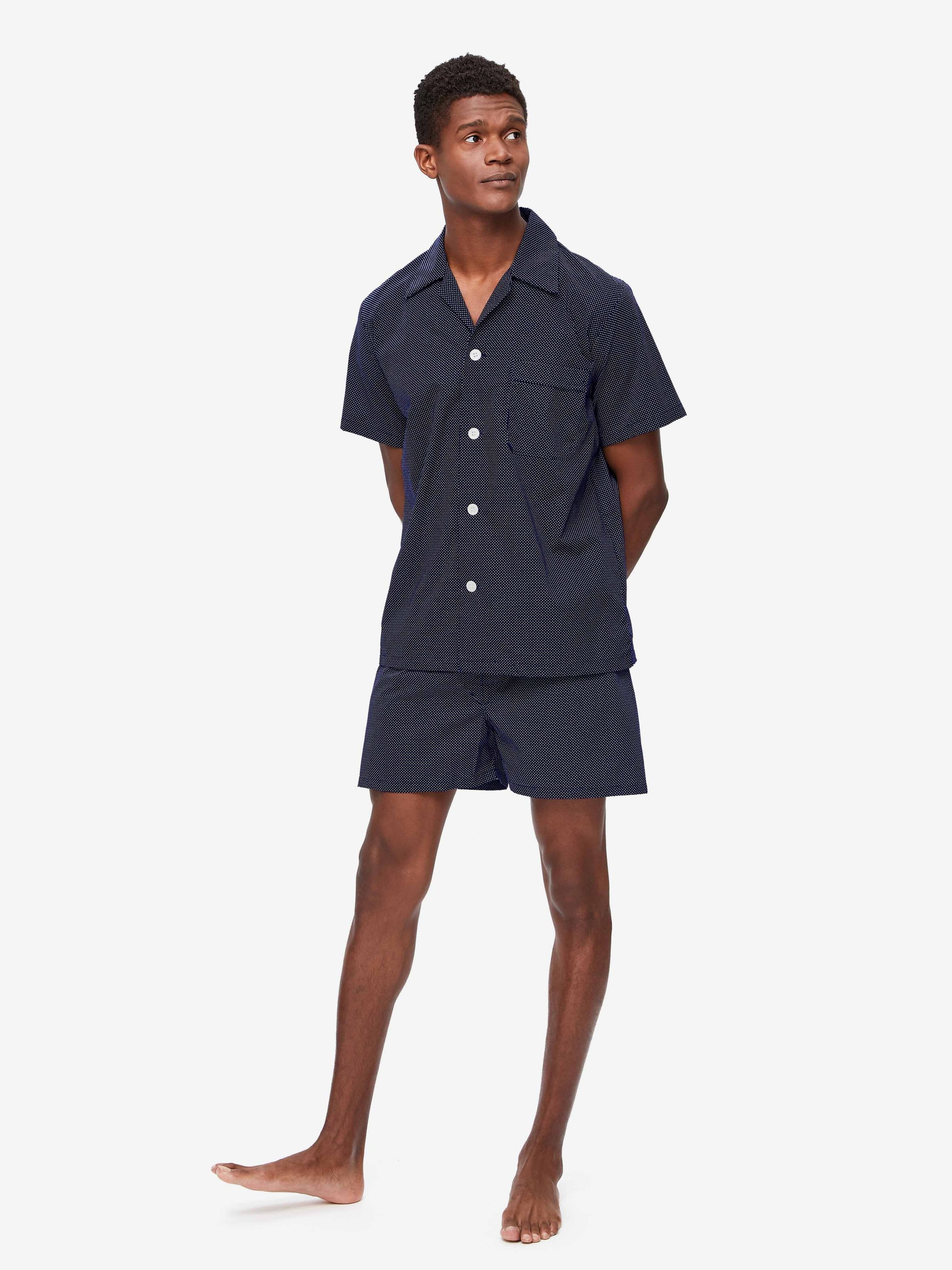 Men's Short Pajamas Cotton Batiste Navy Pin Dot Print