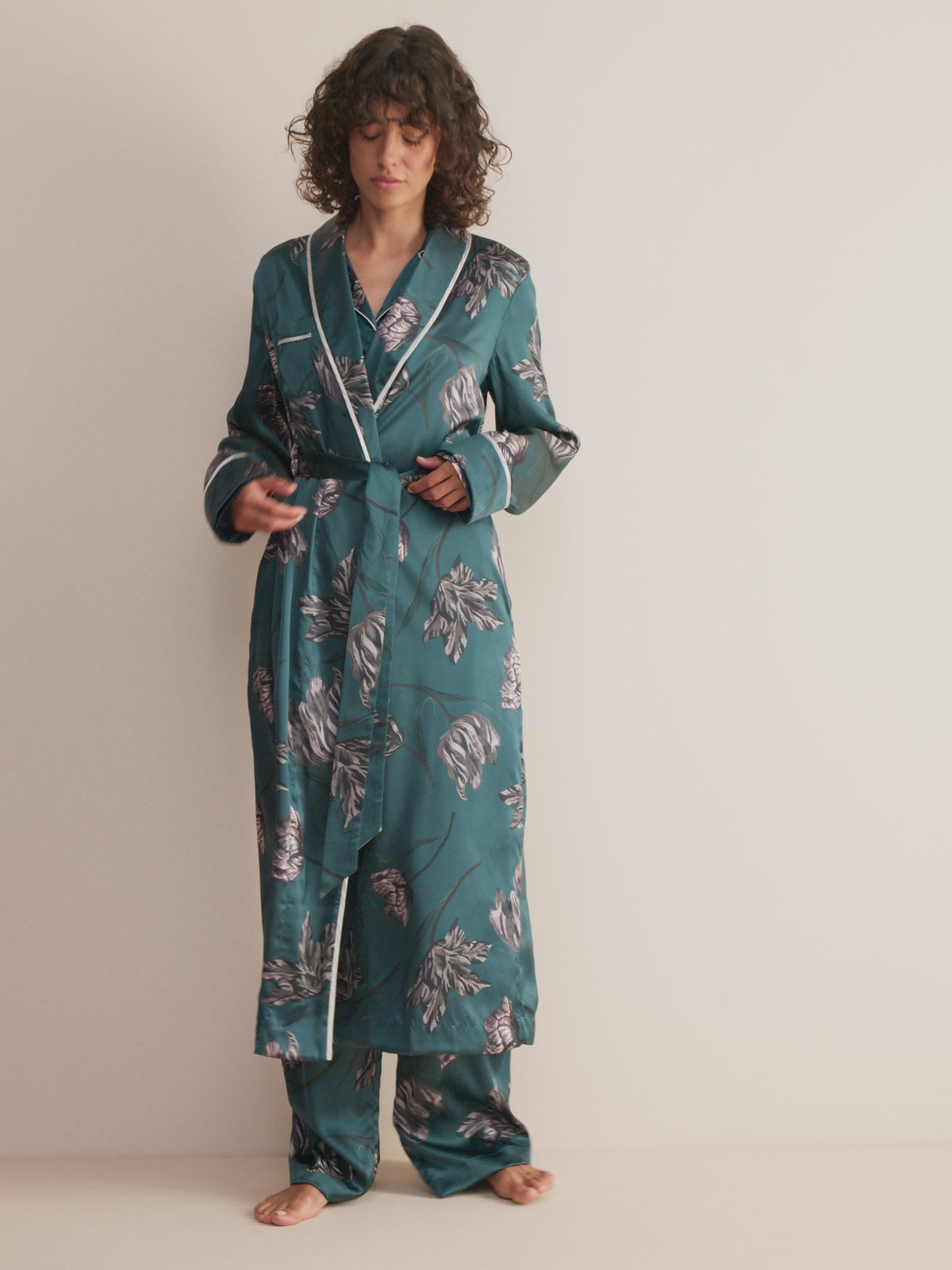 Brindisi Silk Dressing Gown Teal & Grey Tulip