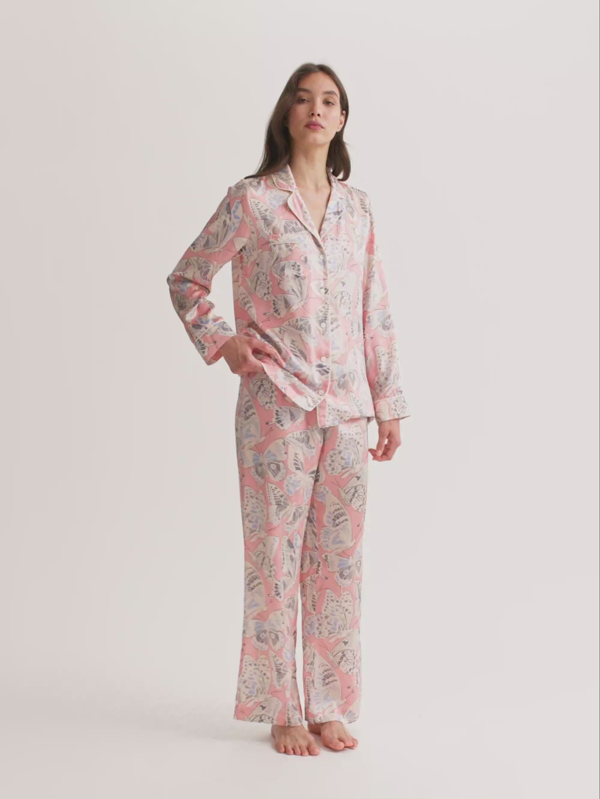Women's Silk Pyjamas Pink Multicolour Butterfly Print