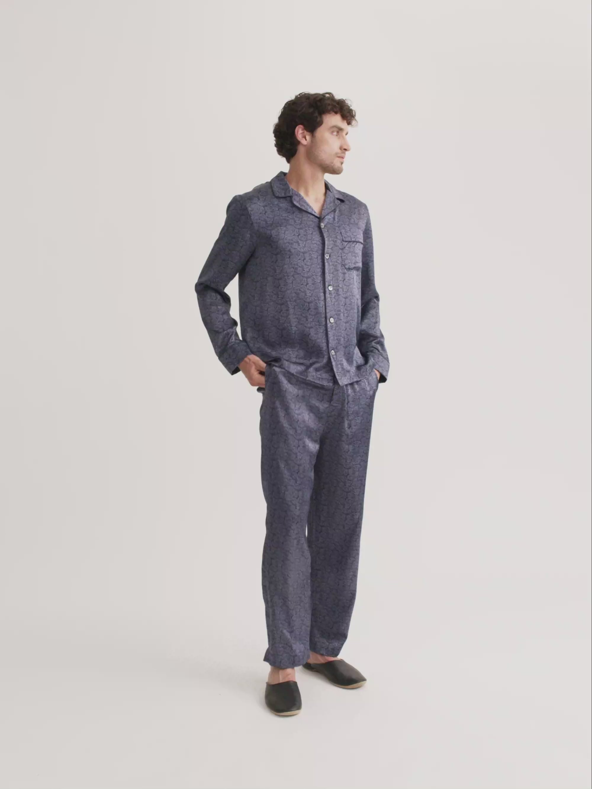 Men's Silk Pyjamas Navy Blue Rose