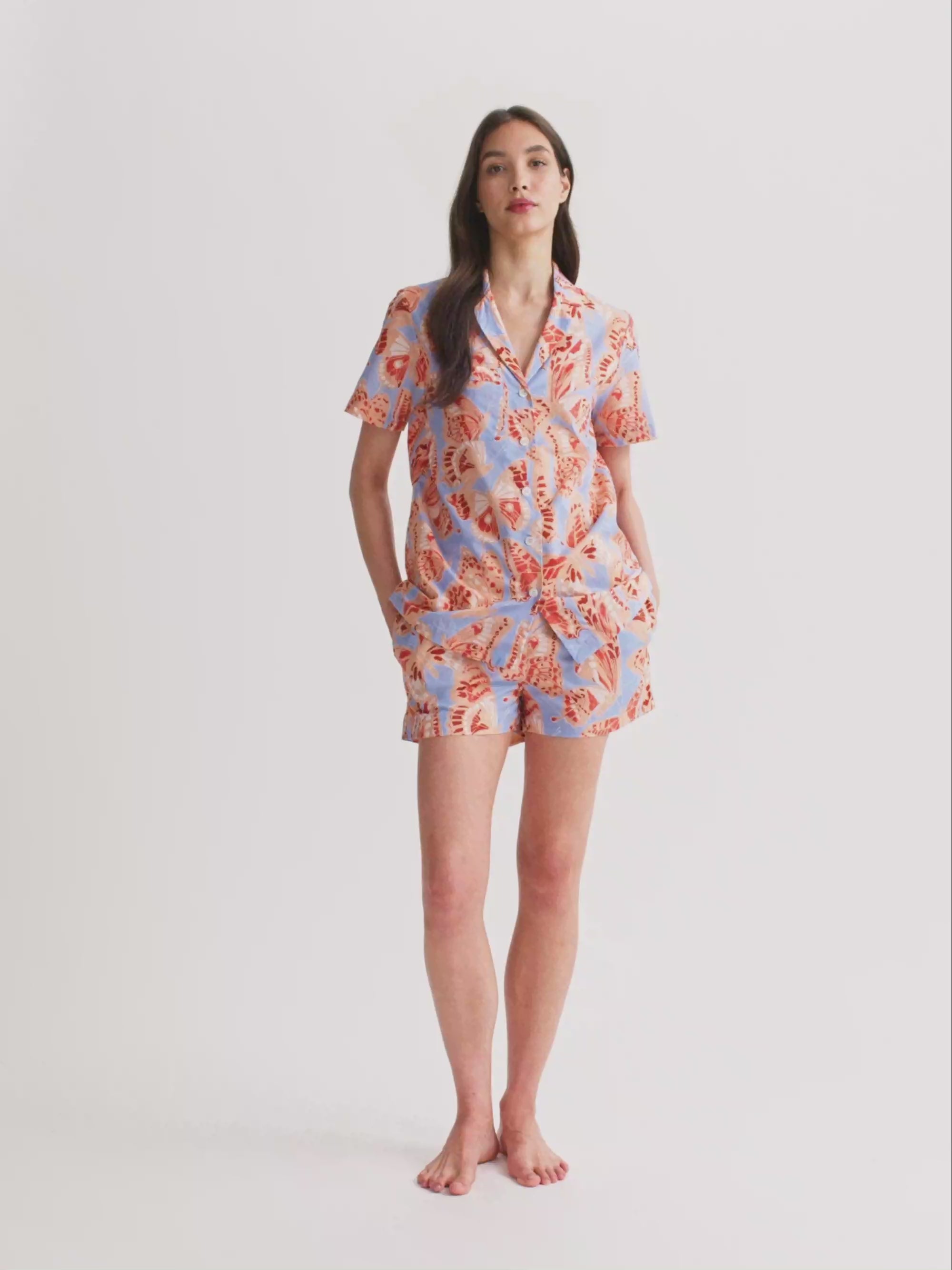Women's Short Pyjamas Cotton Batiste Light Blue & Peach Butterfly Print