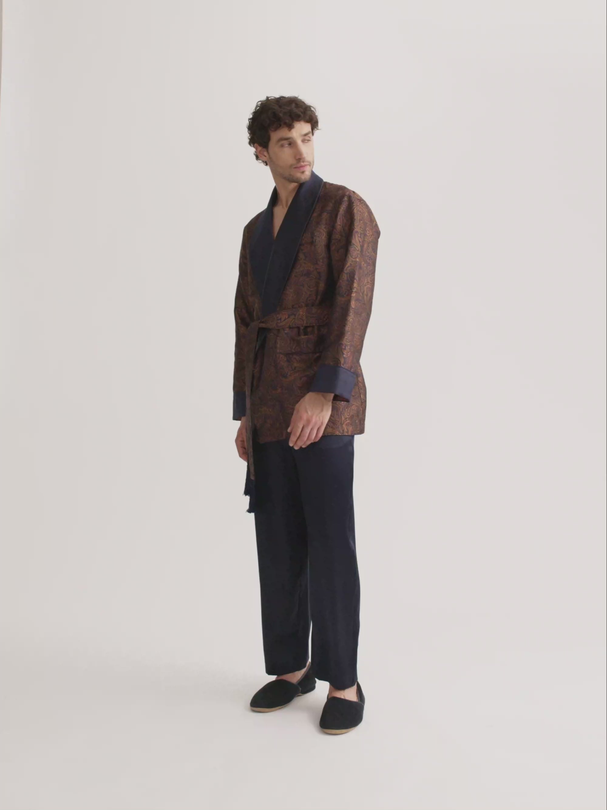 Men's Smoking Jacket Silk Jacquard Navy Blue & Antique Gold Paisley Weave