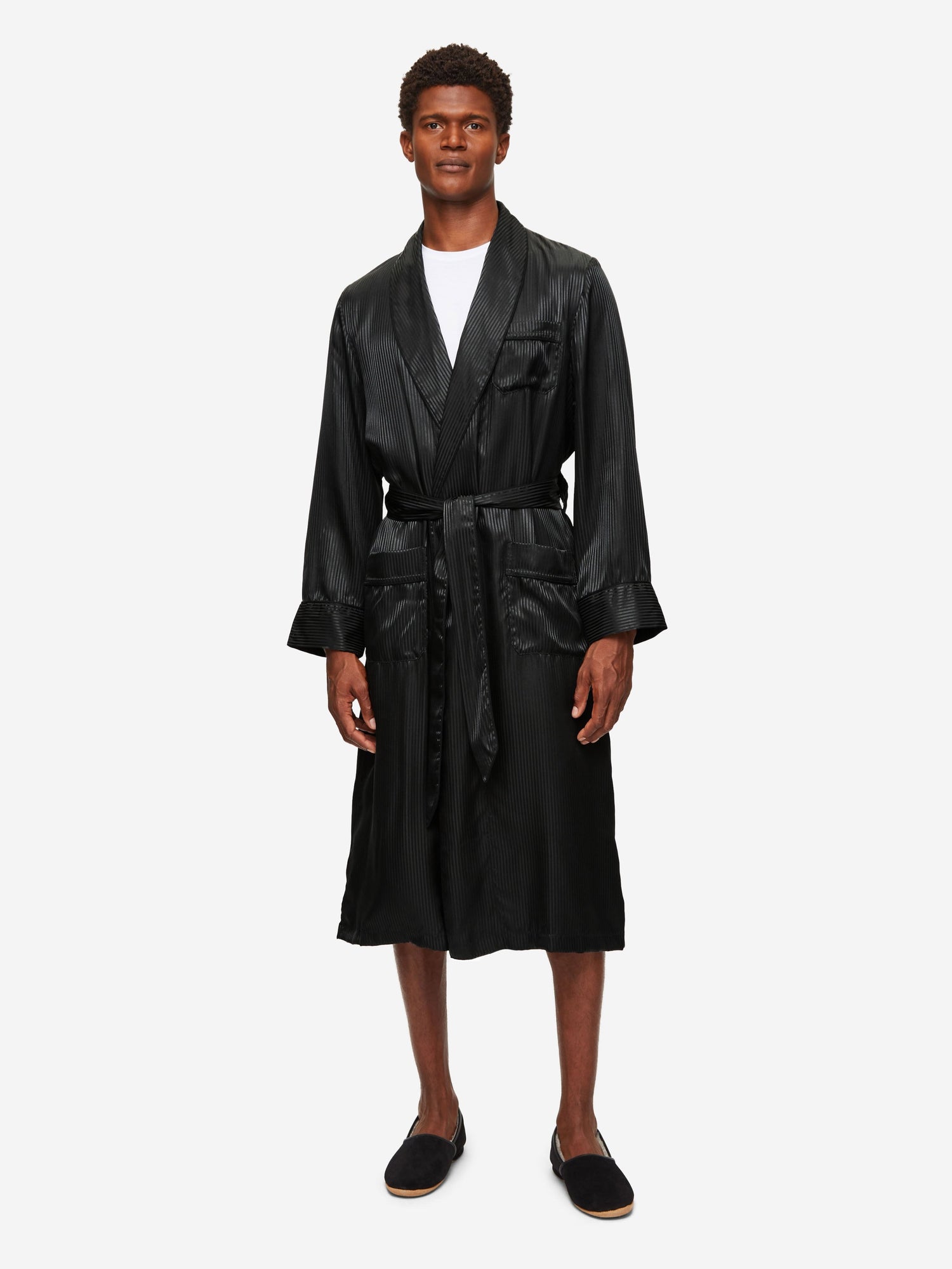 Mens Dressing Gown Pure Silk Black Derek Rose Derek Rose