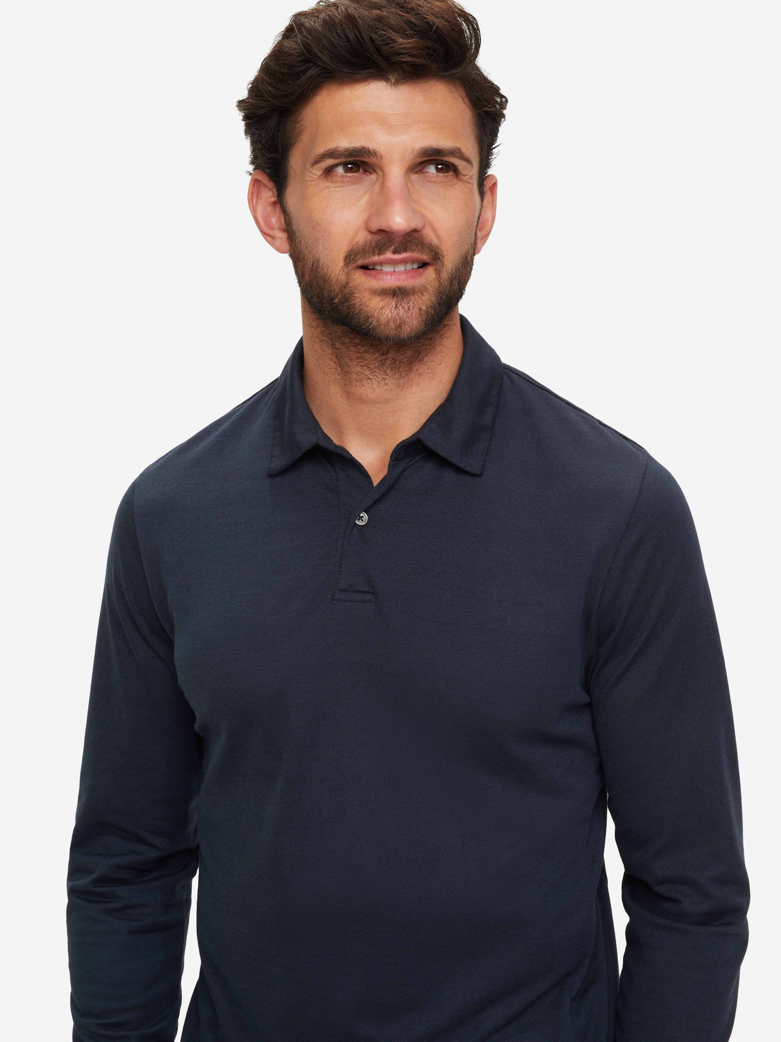 Men's Long Sleeve Polo Shirt Ramsay 2 Pique Cotton Tencel Navy