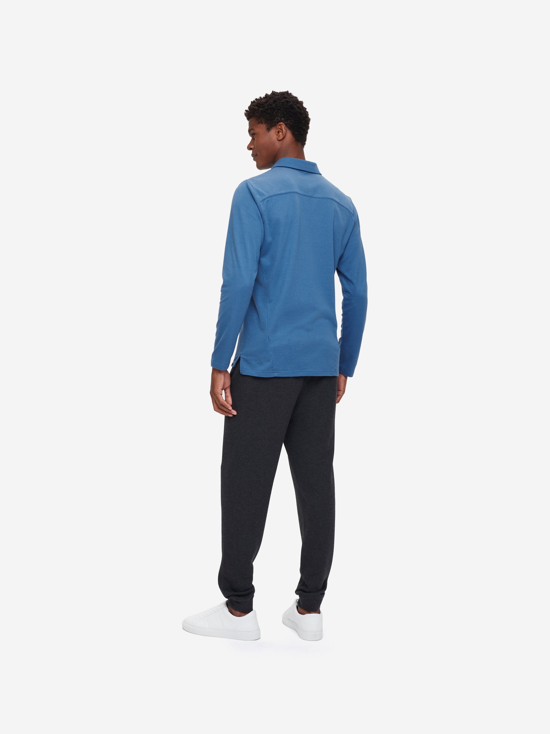 Men's Long Sleeve Polo Shirt Ramsay 3 Pique Cotton Tencel Blue