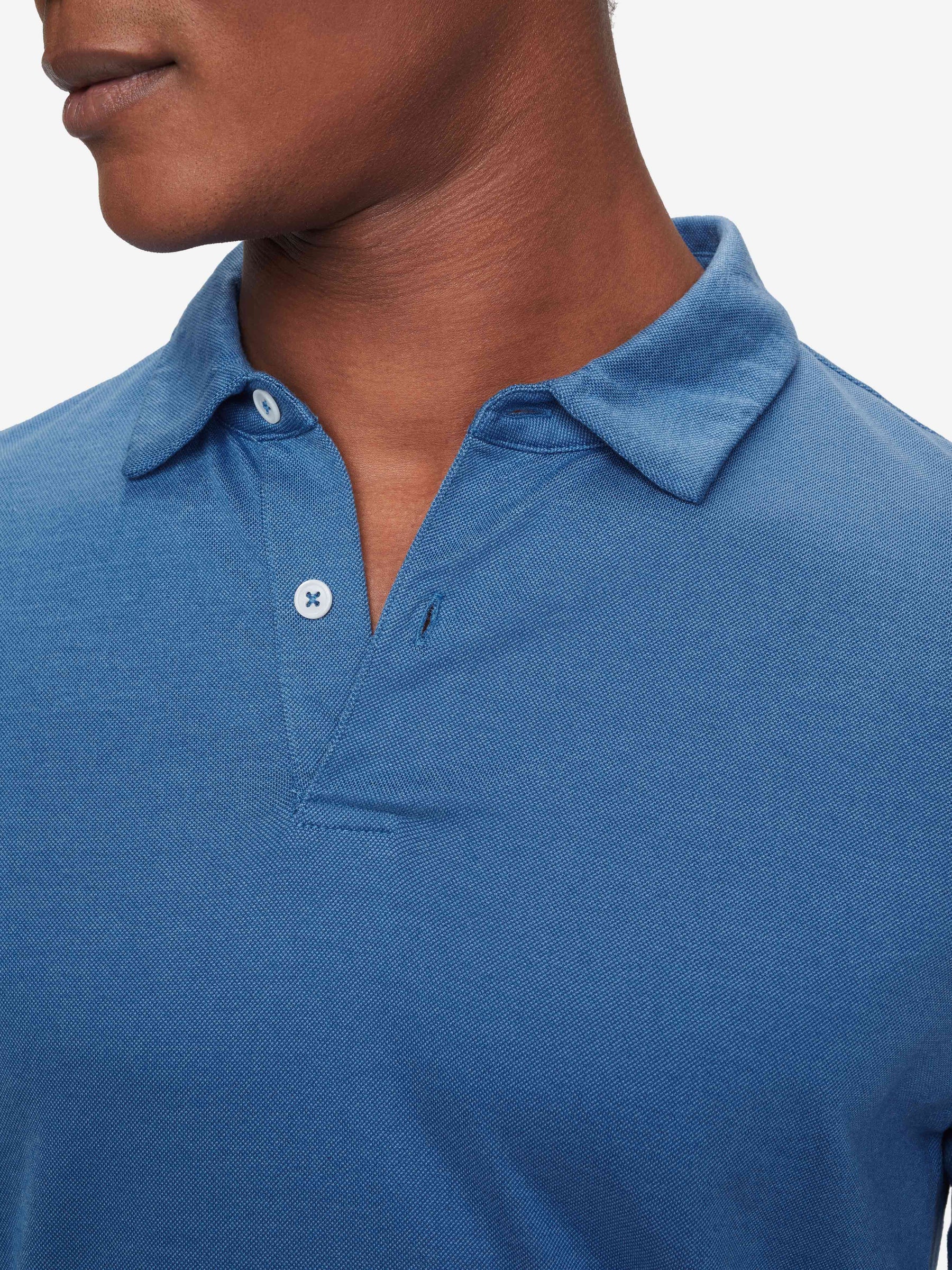 Men's Long Sleeve Polo Shirt Ramsay 3 Pique Cotton Tencel Blue
