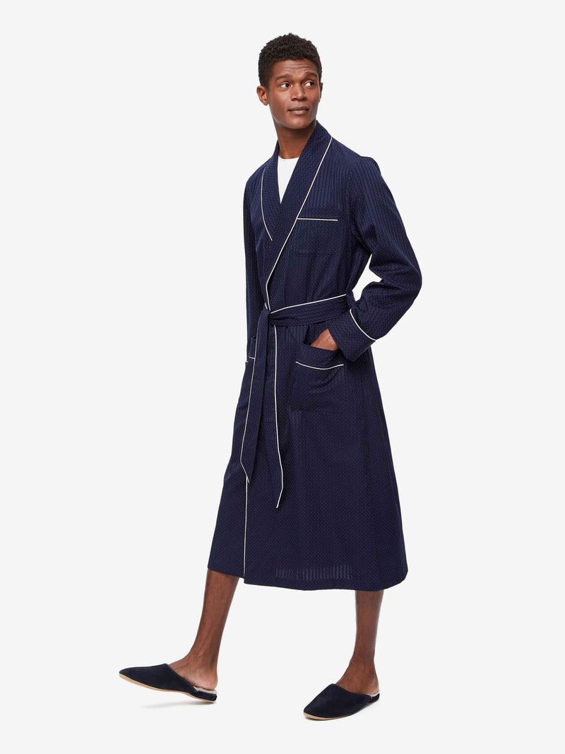 Mens Dressing Gown Royal 40 Cotton Stripe Navy Derek Rose Derek Rose