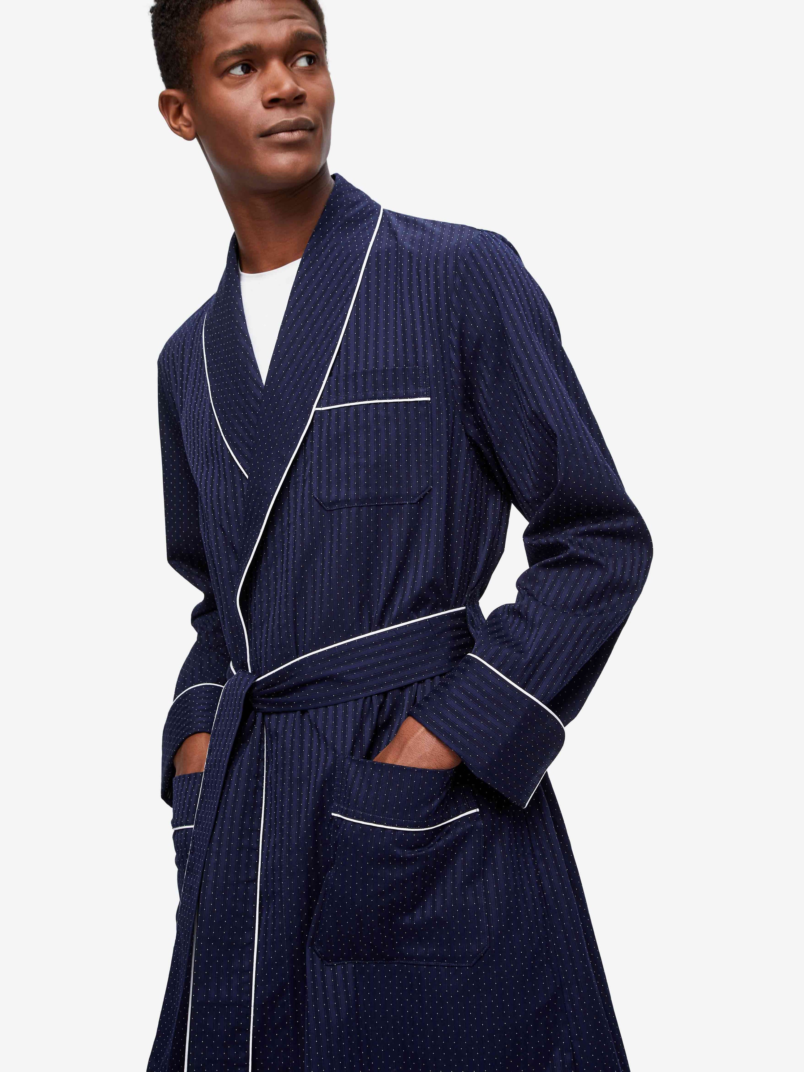 Mens Dressing Gown Royal 40 Cotton Stripe Navy | Derek Rose | Derek Rose