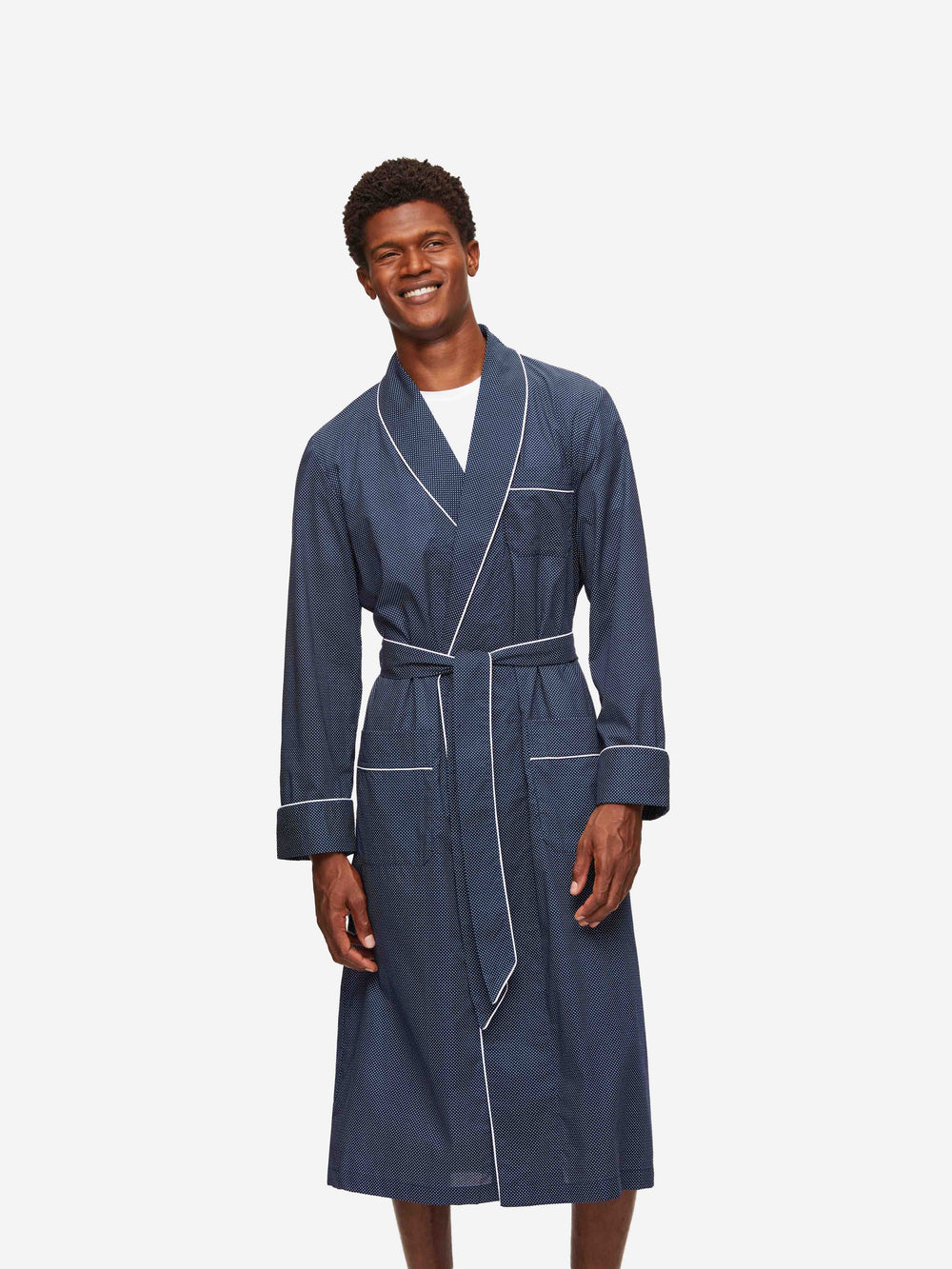 Mens Dressing Gown Cotton Polka Dot Navy Derek Rose Derek Rose