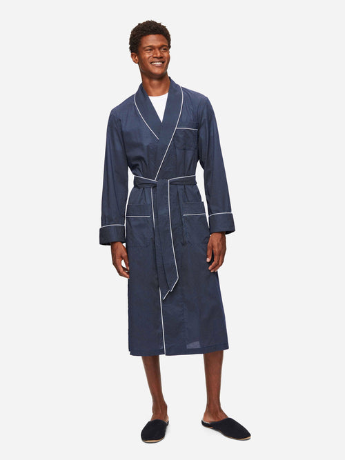 Mens Dressing Gown Cotton Polka Dot Navy Derek Rose Derek Rose