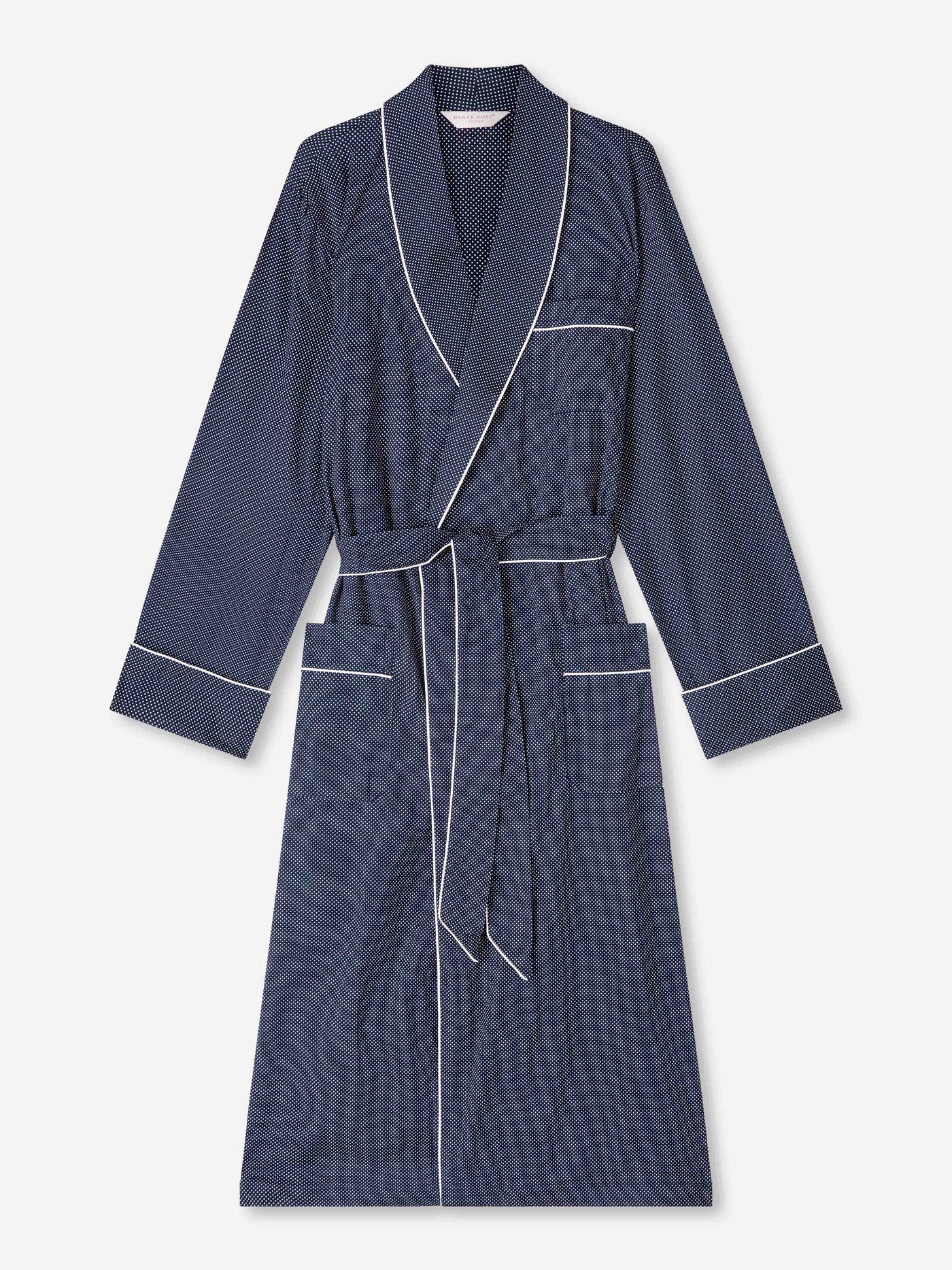 Mens Dressing Gown Cotton Polka Dot Navy Derek Rose Derek Rose