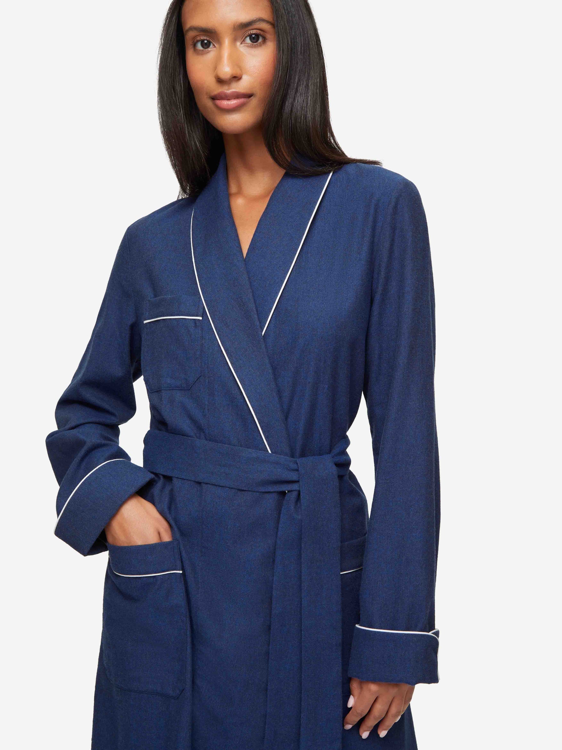 Women's Long Dressing Gown Balmoral 3 Brushed Cotton Navy