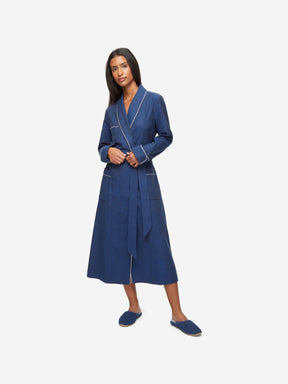 Women's Long Dressing Gown Balmoral 3 Brushed Cotton Navy