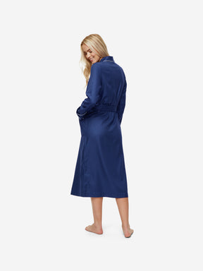 Women's Long Dressing Gown Lombard 6 Cotton Jacquard Navy