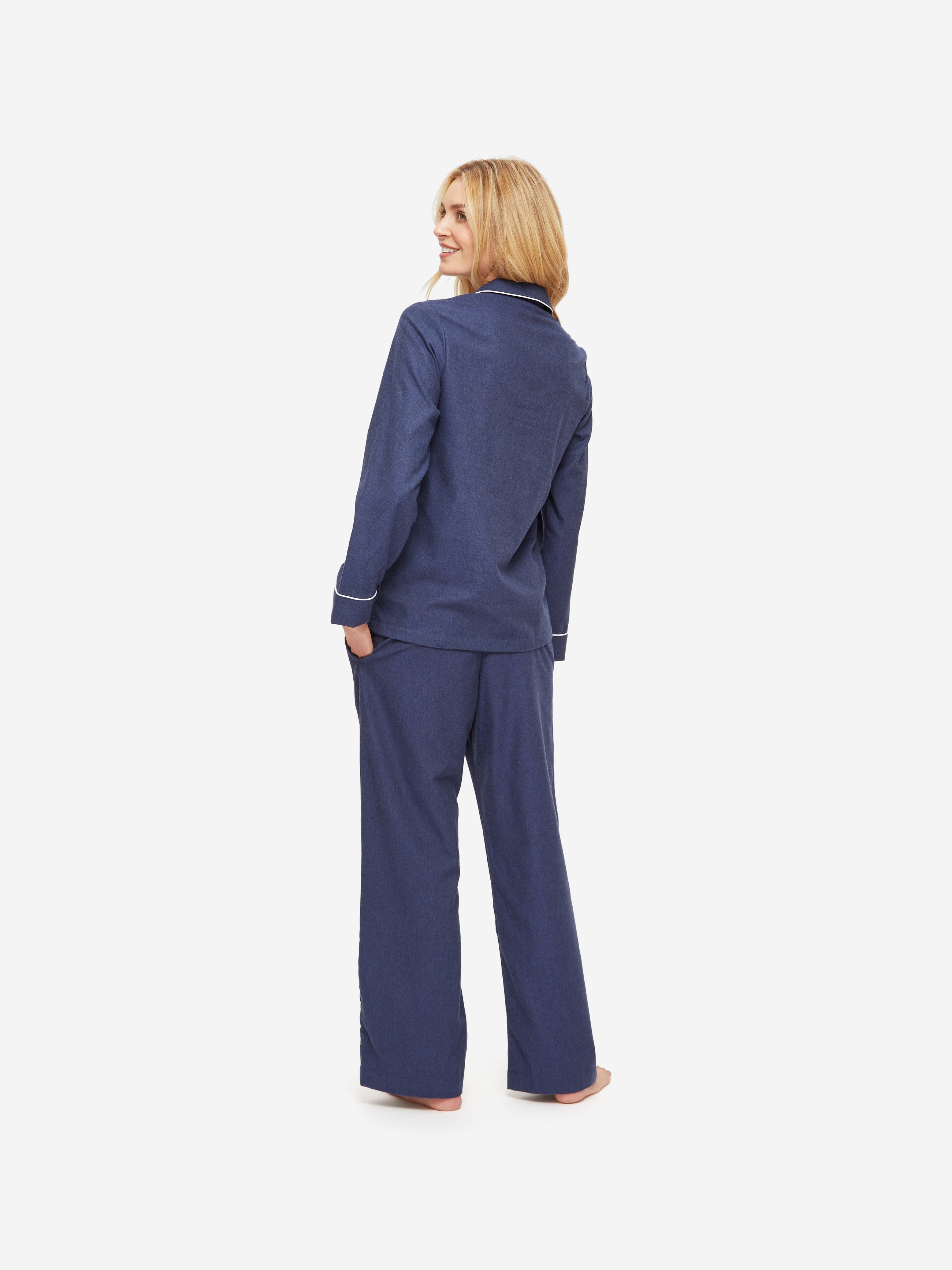 Women's Twill Pajama Set in White with Navy Piping